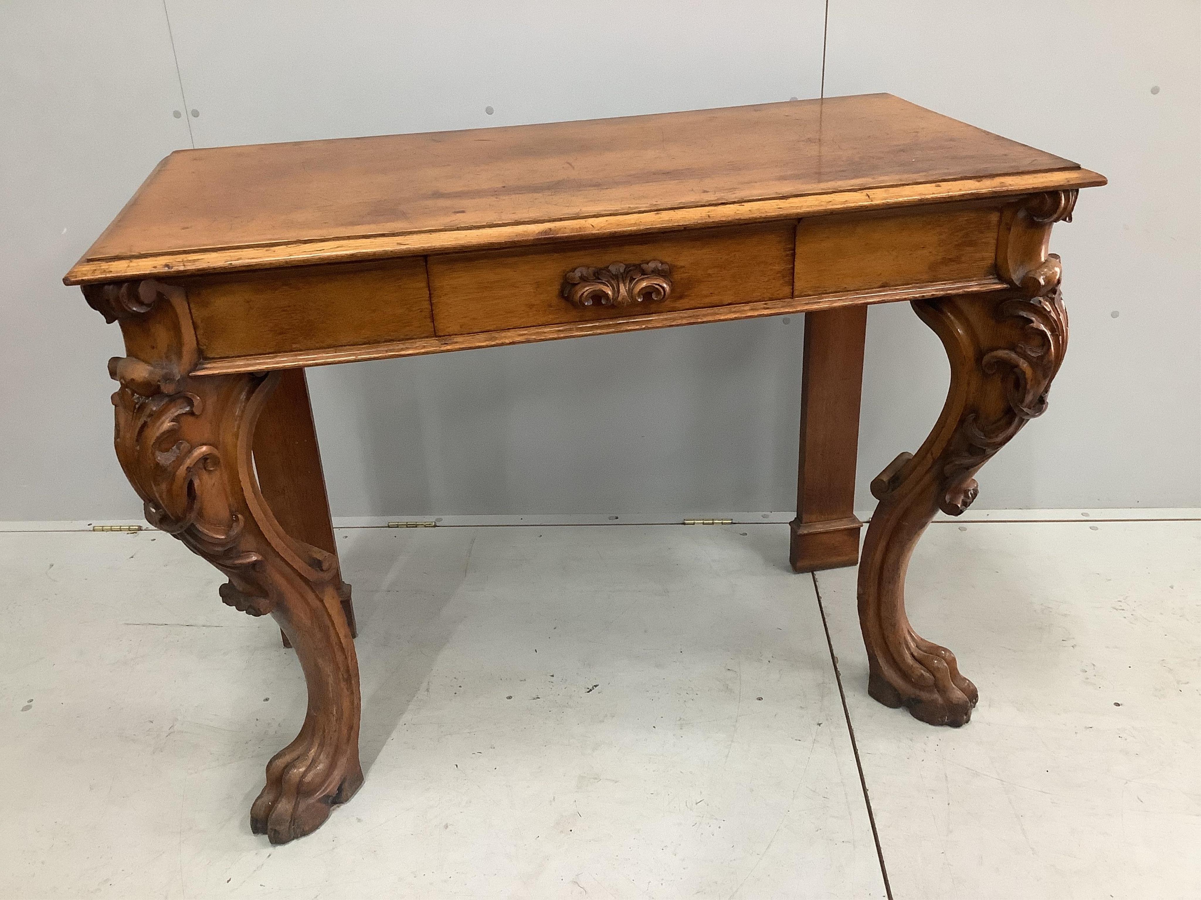 A Victorian golden oak serving table with frieze drawer, width 125cm, height 92cm. Condition - fair to good